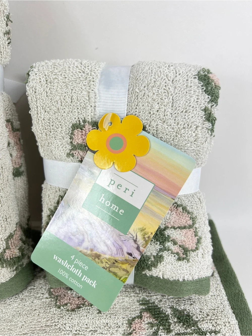 Peri Home Bath Towel Set Green Pink Off White Floral Design 100% Cotton 8 Pc NEW